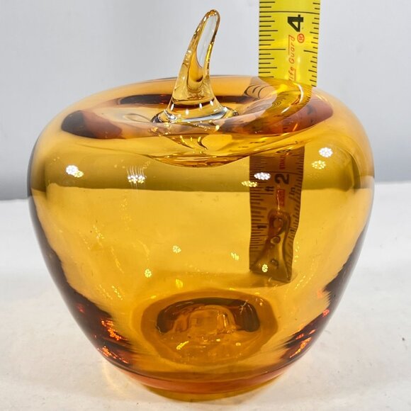 Vtg Blenko Amber Art Glass Apple Paperweight MCM Applied Clear Stem Hand Blown - Picture 5 of 6